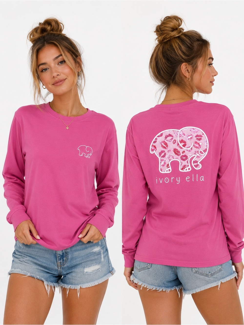 Ivory Ella Pink Long Sleeve Graphic Tee Medium Kiss Print Elephant Logo Preppy